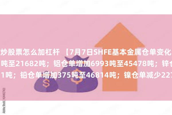 炒股票怎么加杠杆 【7月7日SHFE基本金属仓单变化情况】铜仓单减少625吨至21682吨；铝仓单增加6993吨至45478吨；锌仓单增加825吨至8071吨；铅仓单增加375吨至46814吨；镍仓单减少227吨至20832吨；锡仓单增加61吨至6868吨。